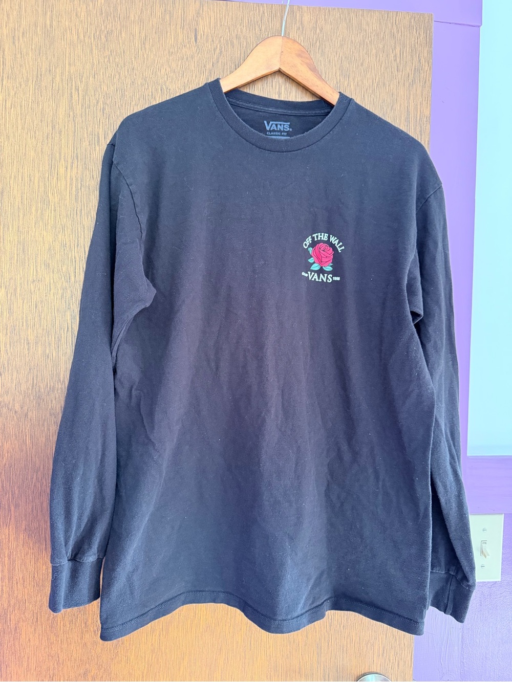 Vans Black Long Sleeve Tee with Red Rose Chest Logo